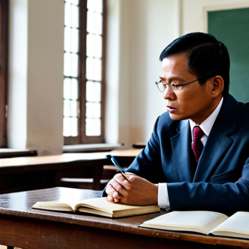 A pensive Malaysian intellectual, a man in his late 40s, sits at a wooden desk in a colonial-era classroom. He wears a modest, dark professional suit with a songkok, reflecting appropriate attire and professional dress. His perfect anatomy, correct proportions, and natural pose are clearly visible, with well-formed hands resting on an open textbook. The background features a large chalkboard with subtle notes and tall windows overlooking a bustling colonial-era street, creating a thoughtful academic atmosphere. This professional photography captures a high-quality, realistic image, conveying deep contemplation. safe for work, appropriate content, fully clothed, modest, family-friendly.