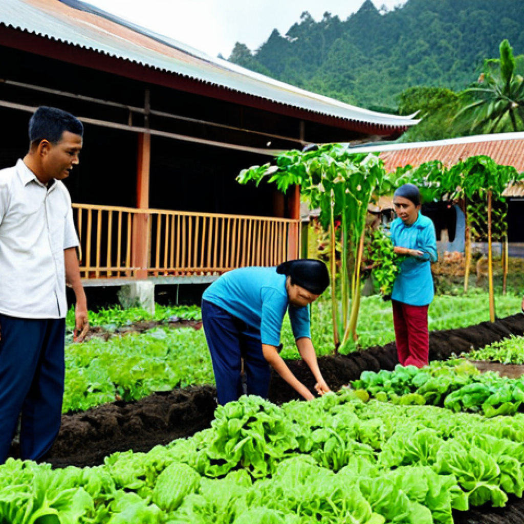 ** "A group of Malaysian villagers, including Malay, Chinese, and Indian individuals, are working together in a community garden, planting vegetables. They are all fully clothed in modest, traditional Malaysian clothing. The scene is set in a rural village with traditional Malay houses in the background. The overall mood is one of cooperation and resilience. safe for work, appropriate content, family-friendly, perfect anatomy, correct proportions, natural pose, professional photography, high quality." **