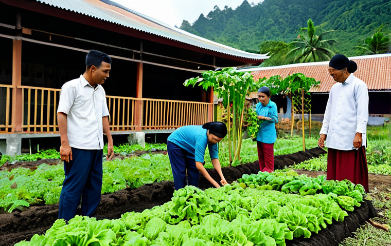** "A group of Malaysian villagers, including Malay, Chinese, and Indian individuals, are working together in a community garden, planting vegetables. They are all fully clothed in modest, traditional Malaysian clothing. The scene is set in a rural village with traditional Malay houses in the background. The overall mood is one of cooperation and resilience. safe for work, appropriate content, family-friendly, perfect anatomy, correct proportions, natural pose, professional photography, high quality." **