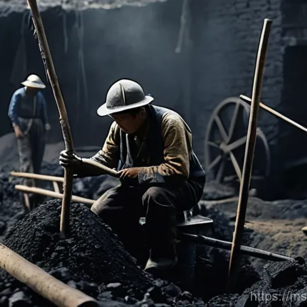 일제하 한국인 노동자의 단체 행동 - **Prompt:** A historical scene depicting Korean forced laborers in the early 20th century. A group o...