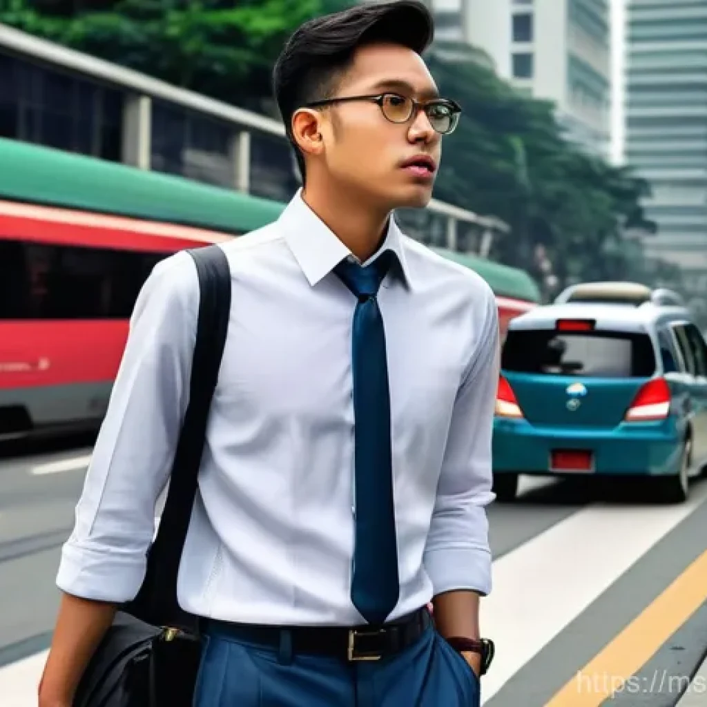 일제 근무와 사회적 불만 - **Prompt:** A young, exhausted Malay professional in their late 20s or early 30s, wearing business c...