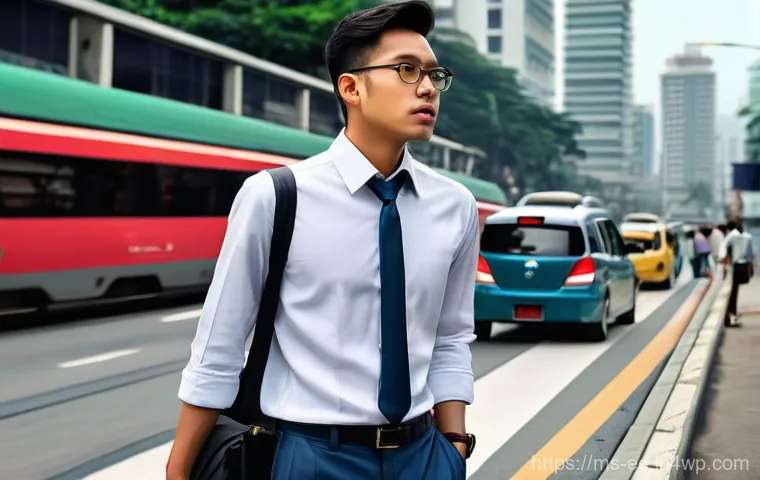 일제 근무와 사회적 불만 - **Prompt:** A young, exhausted Malay professional in their late 20s or early 30s, wearing business c...