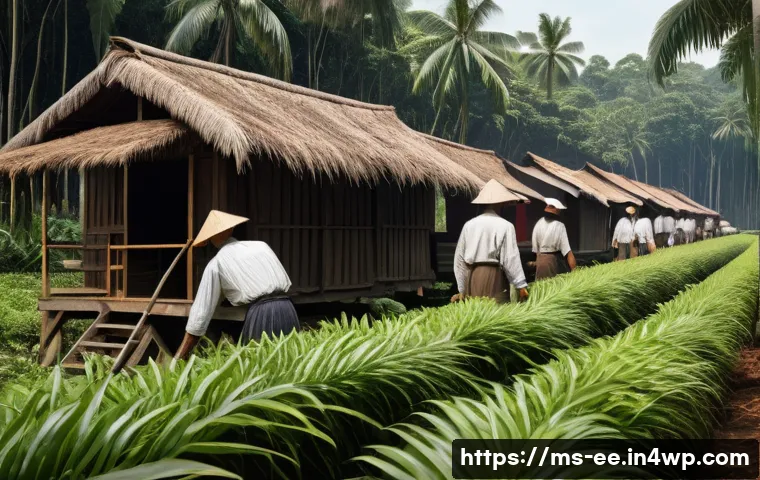 일제 근무와 인권의 관점 - A detailed historical scene depicting Malaysian men and women during the Japanese occupation era wor...