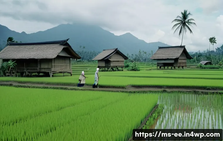 일제하 농촌 근무의 실상 - A rural Malay village scene during Japanese occupation, showing hardworking village women wearing mo...