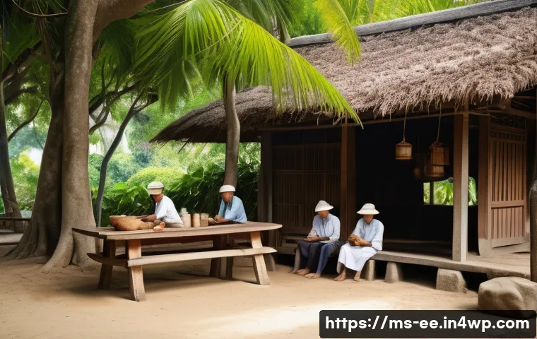 일제 강점기 근로자의 휴식과 여가 - A peaceful scene of Malay workers during the Japanese occupation era resting under large shady trees...