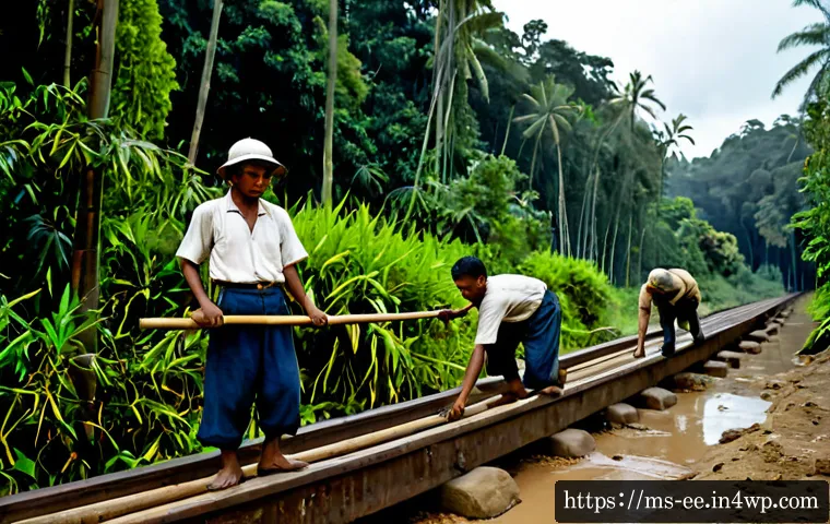 일제 근무의 역사적 교훈 - Photorealistic historical scene in 1940s Malaya, exhausted adult railway laborers in modest worn wor...